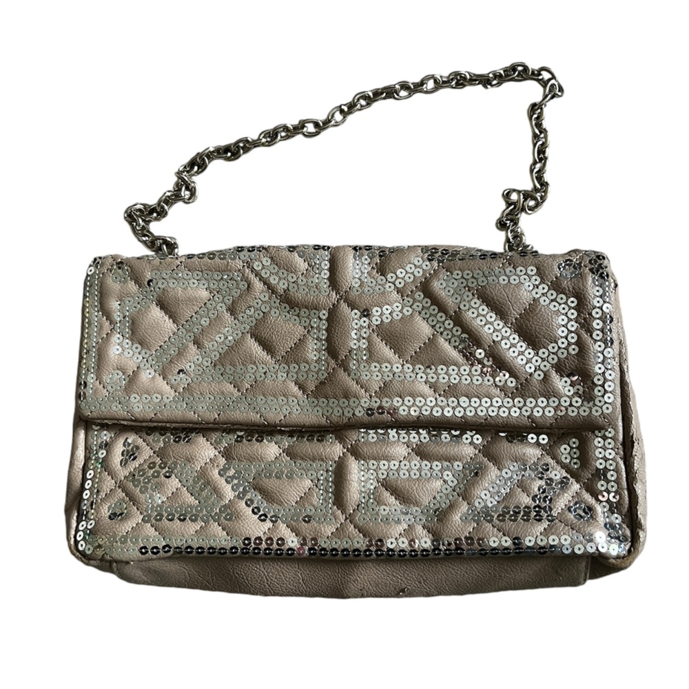 Silver sequins and tan shoulder bag